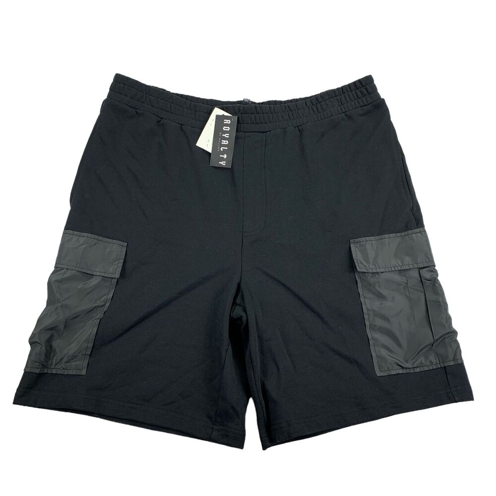 Royalty by Maluma Mens Relaxed Fit 9.5" Utility Mixed-Media Shorts Black XL